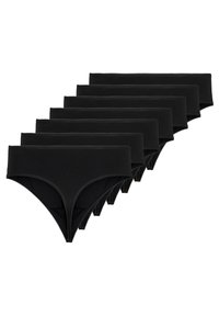 Black cotton bikini briefs, displaying a smooth texture, elastic waistband, and seamless design. Set of multiple pairs arranged in a row.