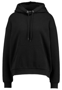 Zwarte hoodie van zacht materiaal, met een verstelbare capuchon, een buidelzak en ribgebreide manchetten en zoom. Losvallend design.