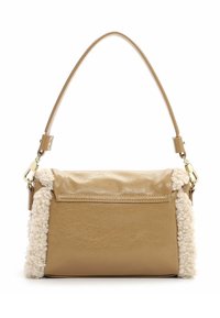 Pruun käekott, millel on pehme sünteetiline korpus, pehmed kunstkarusnahast detailid külgedel ja üks ülaosa käepide. Omab tõmbluku sulgemist.