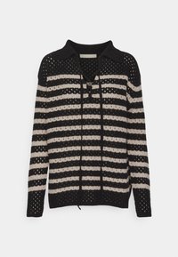 Gestreifter Pullover aus Schwarz und Beige mit einem Kragen, offener Webtextur und vorderem Bindedetail. Lange Ärmel mit lockerer Passform.