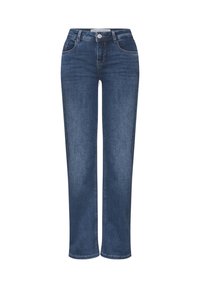 Tmavě modré denimové džíny se střihem rovného nohavice, pěticí kapsami a zapínáním na horní knoflík. Disponují kontrastním šitím a hladkou texturou.