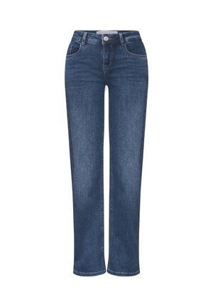 Jeans in denim blu scuro con design a gamba dritta, stile a cinque tasche e chiusura con bottone superiore. Presenta cuciture a contrasto e una texture liscia.