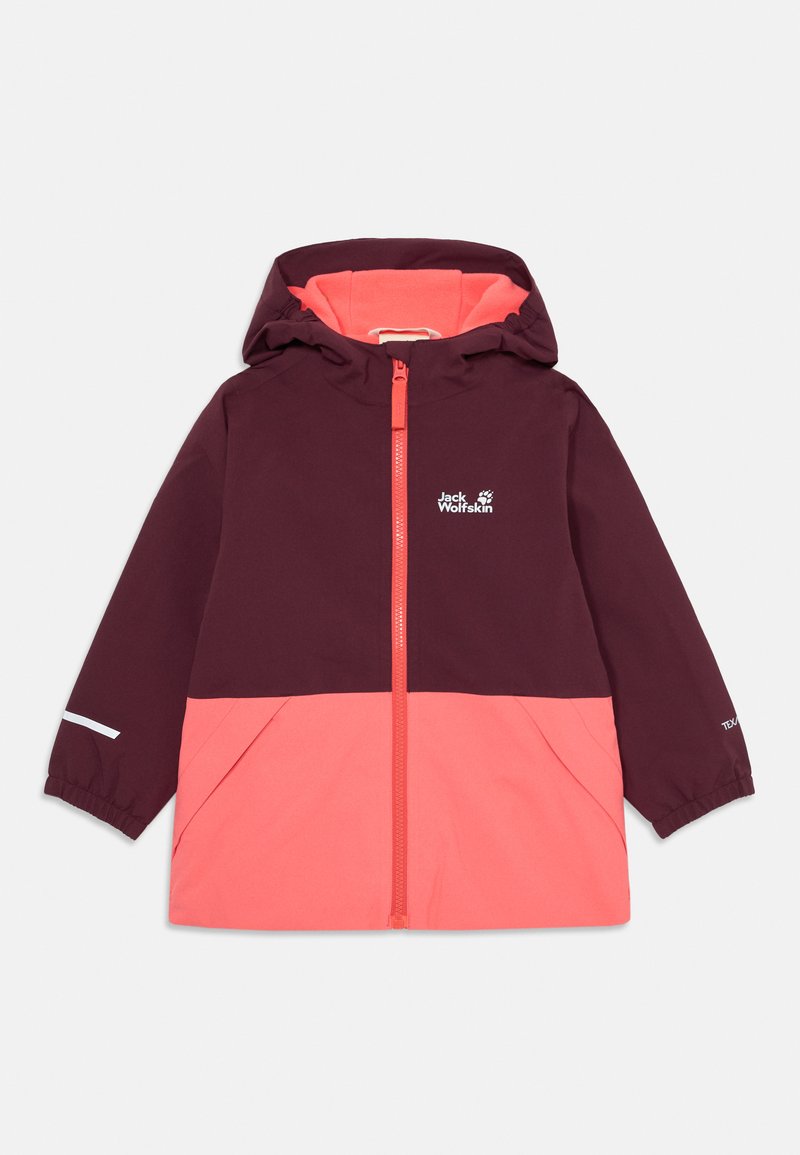 Giacca bicolore bordeaux e rosa con cappuccio, dotata di zip frontale e tasche laterali. Presenta dettagli riflettenti e logo del marchio.