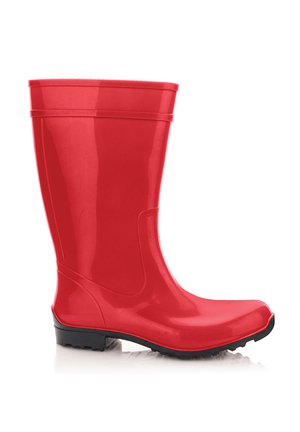 Czerwony wodoodporny gumowy but z czarną podeszwą, zaprojektowany do użytku na zewnątrz w wilgotnych warunkach, pokazany z widoku z prawej strony.