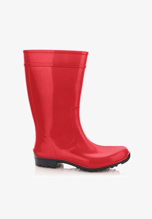 Czerwony wodoodporny gumowy but z czarną podeszwą, zaprojektowany do użytku na zewnątrz w wilgotnych warunkach, pokazany z widoku z prawej strony.