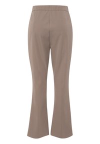 Beige, uitlopende broek gemaakt van glad weefsel met een naadloze tailleband en verzorgde stiksels langs de zijkanten, met een minimalistisch ontwerp.
