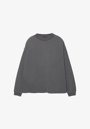 Szary długi rękaw bluza z okrągłym dekoltem, opuszczonymi ramionami i mankietami na rękawach. Miękka tekstura, minimalistyczny design i brak widocznych wzorów.