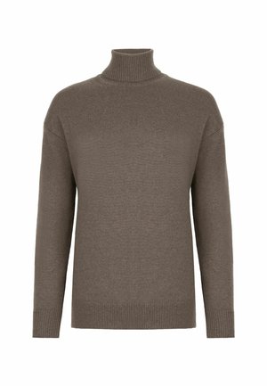 Pull en tricot marron à col roulé avec des manches longues et des bords côtelés, présenté sur un fond blanc uni.