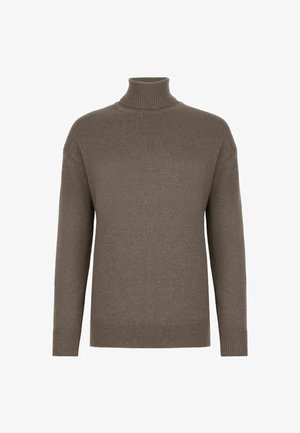 Brązowy sweter z golfem, pleciony, z długimi rękawami oraz ściągaczami na rękawach i u dołu, zaprezentowany na jednolitym białym tle.