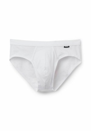 Witte katoenen slipjes met een gladde textuur, voorzien van een comfortabele elastische band en een gecentraliseerde naad voor ondersteuning. Zwarte merklabel aan de linkerkant.