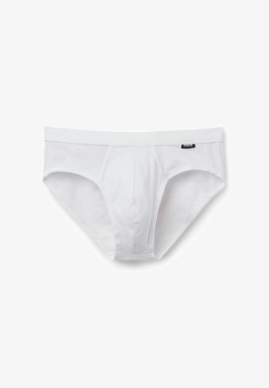 Witte katoenen slipjes met een gladde textuur, voorzien van een comfortabele elastische band en een gecentraliseerde naad voor ondersteuning. Zwarte merklabel aan de linkerkant.