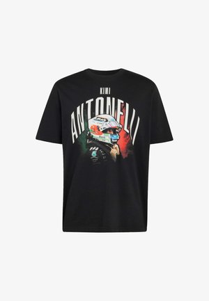 Black cotton t-shirt featuring a front graphic of a helmeted driver with the name "Kimi Antonelli" in bold white and red text.
