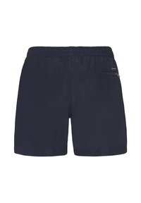 Short de bain homme bleu marine avec ceinture élastique et poche arrière zippée, montré de dos sur fond blanc.