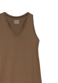 Brązowy bezrękawnik z dekoltem w kształcie litery V, wykonany z miękkiego, gładkiego materiału. Posiada małą metkę przy dekolcie.