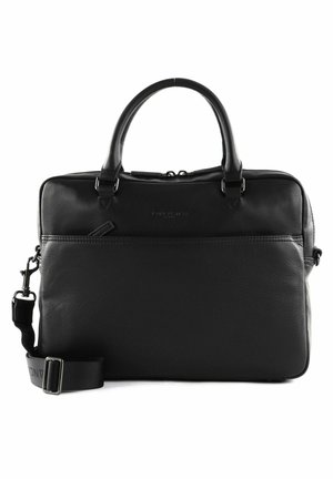 Zwarte lederen laptoptas met dubbele handvatten, afneembare schouderriem, ritssluiting en voorzak. Glad oppervlak met minimale details.