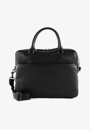 Zwarte lederen laptoptas met dubbele handvatten, afneembare schouderriem, ritssluiting en voorzak. Glad oppervlak met minimale details.