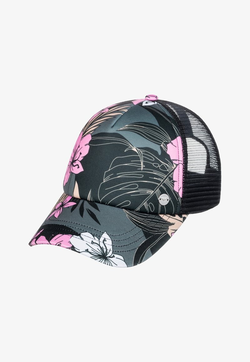 Casquette de baseball avec dos en maille noire et imprimé floral tropical en rose, blanc et beige sur tissu vert foncé à l'avant et sur la visière.