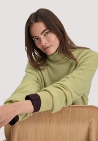 Hellgrüner Rollkragenpullover mit gerippten Bündchen und dunklen braunen Akzenten. Weicher Stoff, lässige Passform, kombiniert mit einem Holzstuhl.