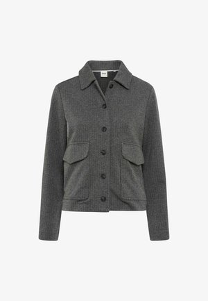 Gray herringbone jacket with long sleeves, button front, pointed collar, and two front flap pockets.