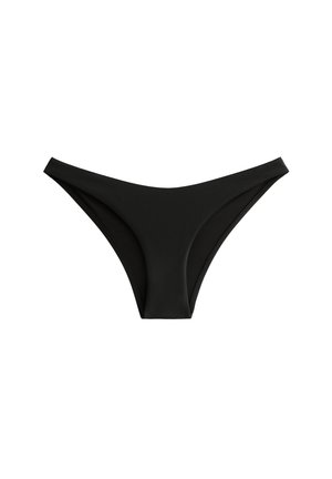 Črne bikinke z mat površino. Imajo minimalističen dizajn z visokimi izrezi in širšimi pasovi. Narejene so iz raztegljivega materiala.
