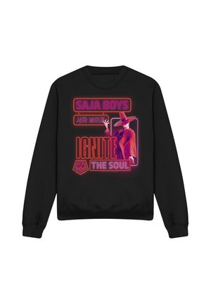 Black sweatshirt with neon pink and red text saying "Saja Boys," Korean characters, "Ignite The Soul," and a figure in a wide-brimmed hat.