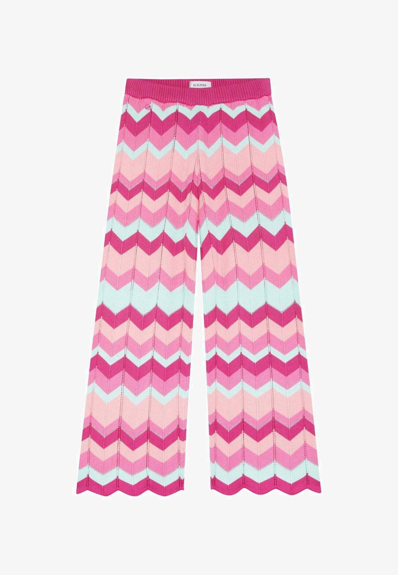 Bredde bukser med et zickzackmønster i nuancer af pink og lys blå. Materialet har en ribbet tekstur og en bølget kant.