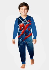 Pigiama tuta di Spider-Man blu con maniche lunghe, dotata di una grafica che raffigura Spider-Man in rosso e blu su uno sfondo di ragnatela.