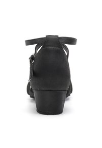 Black canvas heeled shoes with a low block heel, featuring a strap around the ankle and a smooth textured upper. Simple design, no embellishments.