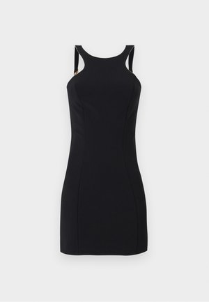 Schwarzes ärmelloses Kleid mit taillierter Silhouette, das über Ausschnittdetails an den Schultern und goldfarbenen Hardware-Akzenten verfügt.