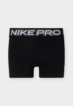 Shorts de compression Nike Pro noirs avec une large ceinture arborant un grand texte argenté « NIKE PRO ».