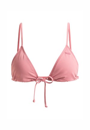 Pink bikini top in a triangle design, crafted from smooth fabric, featuring thin adjustable straps and a center bow tie detail.