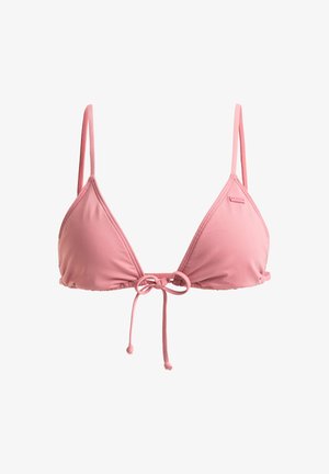 Lyserød bikini top i trekantsdesign, fremstillet af glat stof, med tynde justerbare stropper og en midterste sløjfedetail.