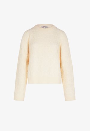 Maglione a maniche lunghe color crema con scollatura rotonda e un sottile motivo floreale testurizzato su tutta la superficie.