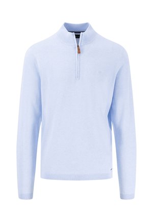 Light blue pullover with a quarter-zip collar, long sleeves, ribbed cuffs and hem, and a small logo on the chest. Soft knit material.