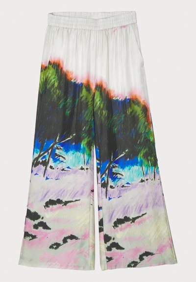 Wijduitlopende broek met een aquarel landschapprint in levendige groene, blauwe en roze tinten. Elastische tailleband; lichtgewicht stof.