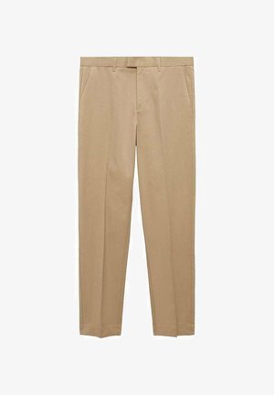 Pantaloni beige con taglio dritto, tasche frontali e una texture liscia. Presentano una vita con passanti per cintura e una chiusura con zip.