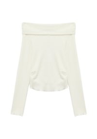 Creme off-the-shoulder trui met lange mouwen, geribbeld textuur en een ontspannen pasvorm. Bevat zijnaad voor vormgeving en een omgevouwen halslijn.