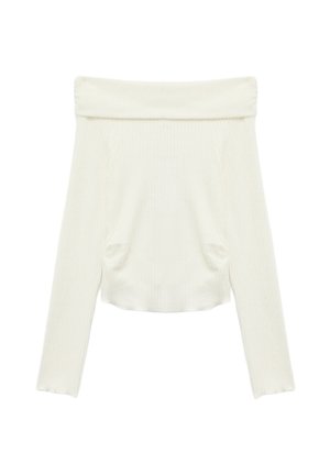 Cremfarbenes Off-Shoulder-Pullover mit langen Ärmeln, gerippter Textur und lockerer Passform. Verfügt über Seitennähte zur Formgebung und einen umgeschlagenen Halsausschnitt.