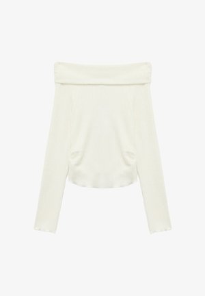 Cremfarbenes Off-Shoulder-Pullover mit langen Ärmeln, gerippter Textur und lockerer Passform. Verfügt über Seitennähte zur Formgebung und einen umgeschlagenen Halsausschnitt.
