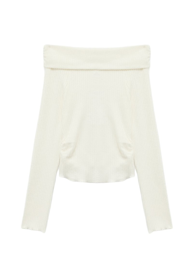 Creme off-the-shoulder trui met lange mouwen, geribbeld textuur en een ontspannen pasvorm. Bevat zijnaad voor vormgeving en een omgevouwen halslijn.