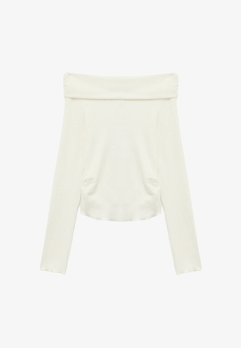 Cremfarbenes Off-Shoulder-Pullover mit langen Ärmeln, gerippter Textur und lockerer Passform. Verfügt über Seitennähte zur Formgebung und einen umgeschlagenen Halsausschnitt.