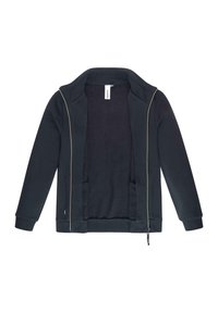 Giacca grigia scura con zip, realizzata in morbido misto cotone, con fodera in pile, colletto alto e due tasche laterali.