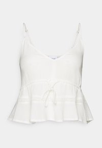 Top bianco senza maniche con scollatura a V, vita con laccetto e orlo arricciato. Realizzato in tessuto leggero con una leggera trama testurizzata.