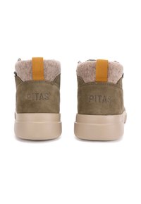 Olive green suede ankle boots with beige soles, fuzzy light brown lining, and an orange fabric pull tab. "PITAS" embossed on the back.