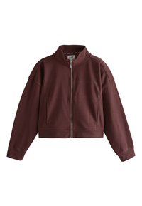 Dark brown zip-up jacket with long sleeves and a stand collar, featuring a small logo tag inside the neckline.