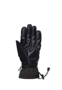 Zwarte handschoenen met een textuur oppervlak, een elastische manchette en een trekkoord voor een veilige pasvorm. Gemaakt van duurzaam, weersbestendig materiaal.