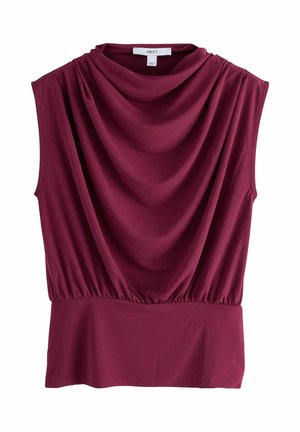 Haut sans manches bordeaux avec un design de col drapé, taille froncée et texture de tissu lisse. Présente une coupe régulière.