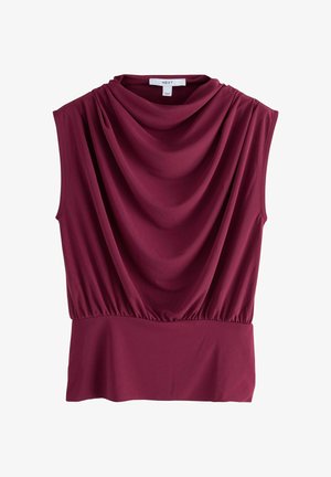 Burgunderfarbene ärmellose Bluse mit einem drapierten Cowl-Neck-Design, gerafftem Bund und glattem Stoff. Hat eine reguläre Passform.