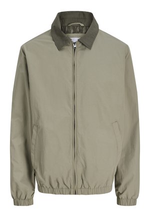 Hellbeige Jacke mit Reißverschluss, dunkelgrünem Kragen, elastischen Bündchen und Saum sowie schrägen Taschen auf beiden Seiten.