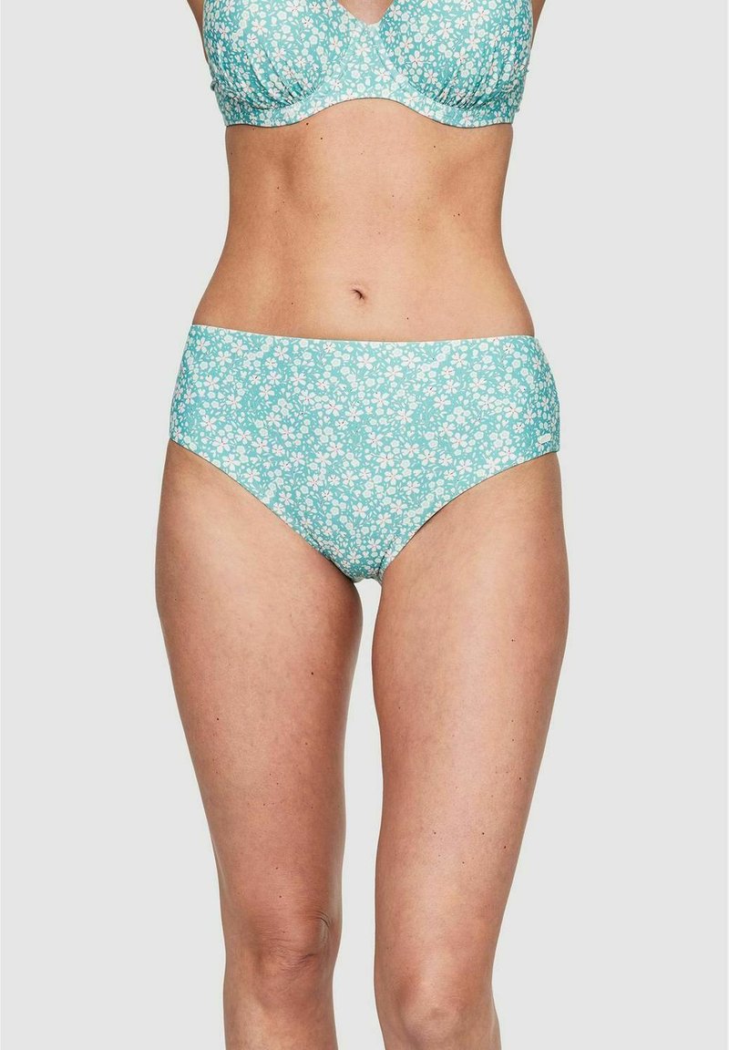 Turkos bikini med blommönster; toppen har rynkad tyg med kupor, och botten har en högmidjad design. Slät textur.